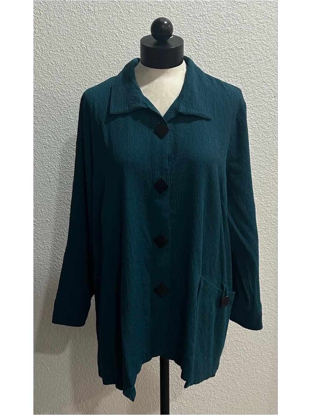 Ali Miles Teal Black Button Front Lightweight Jacket Size 1X Textured Crinkle